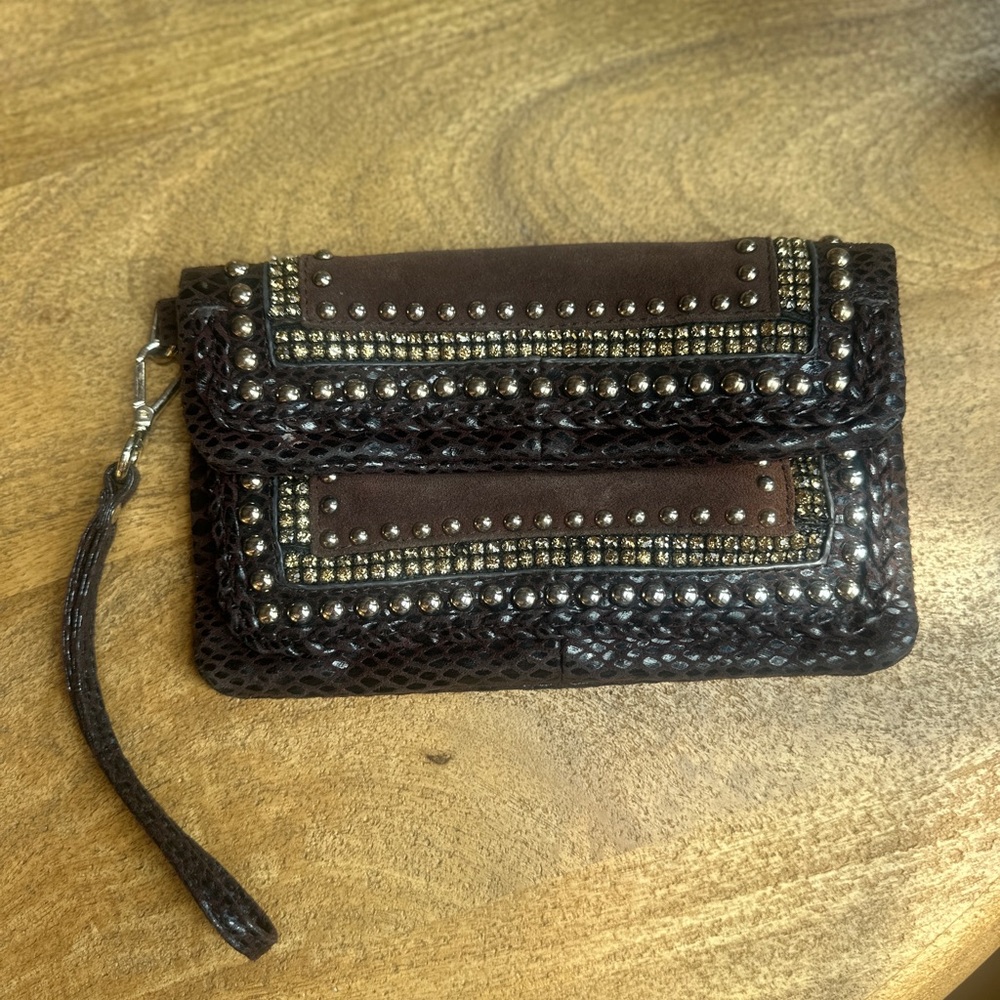 Cache Studded Brown Suede Clutch